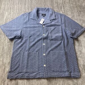 TODD SNYDER Polo Shirt Mens XL Camp Shirt WAVE JACQUARD TERRY GUAYABERA Blue